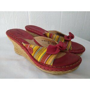 Born Drilles Womens Pink MultiColor Canvas & Leather Wedge Heel Sandal Shoe Sz 6